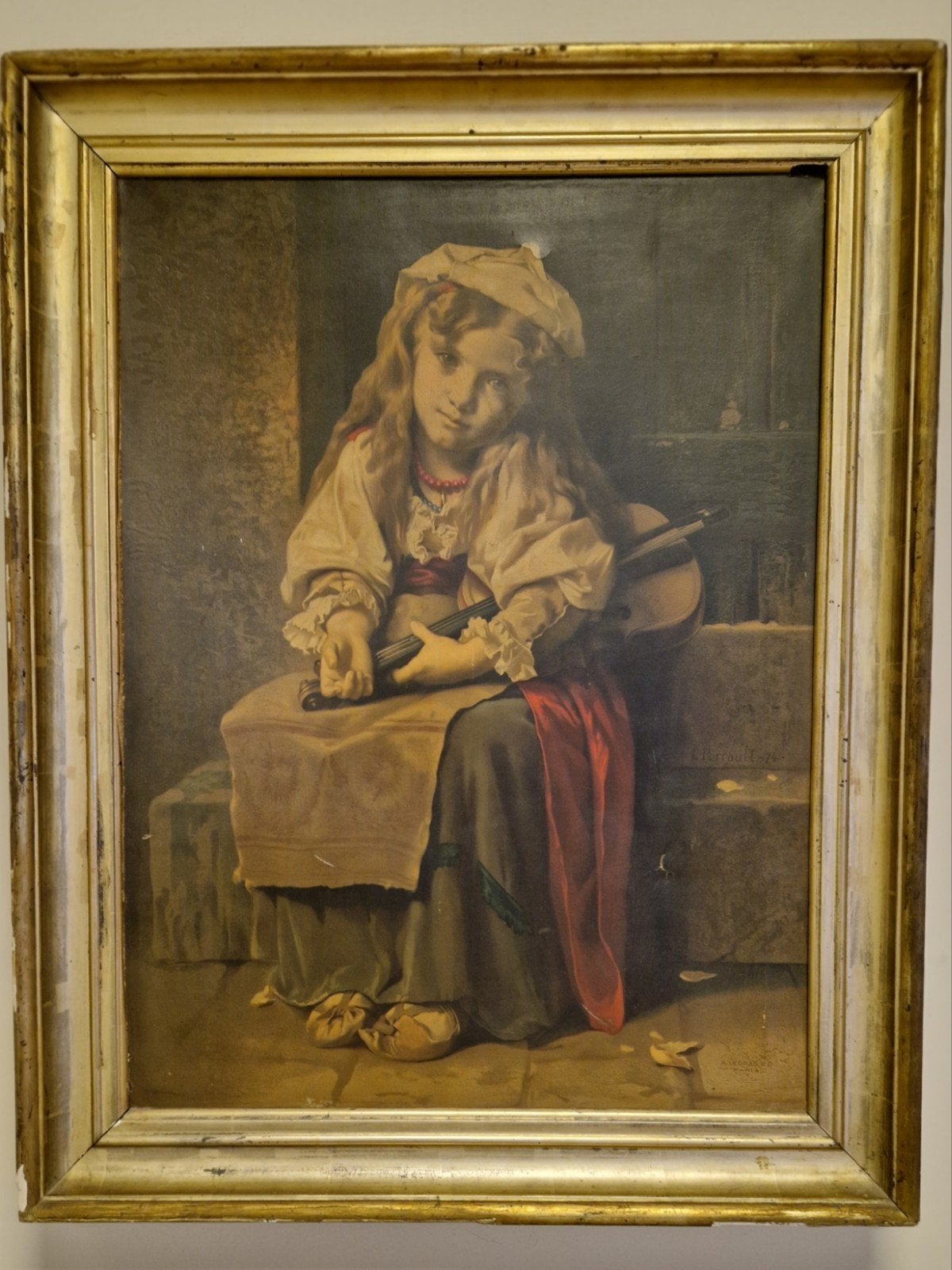 Oud schilderij: Meisje met viool, ingelijst, Ophalen, Doek, Portret of Personen, Realistisch