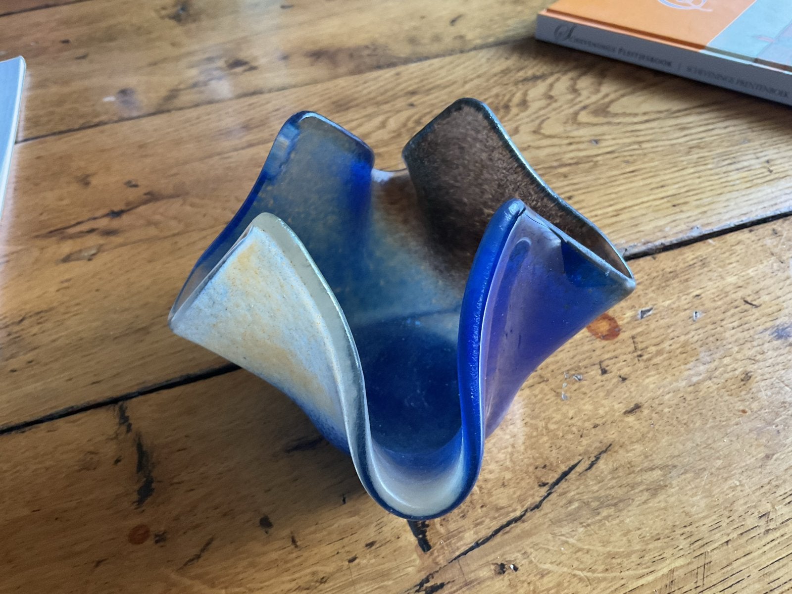 Unieke glazen waxinelichthouder, blauw/bruin, Gebruikt, Blauw, Waxinelichthouder, Ophalen of Verzenden
