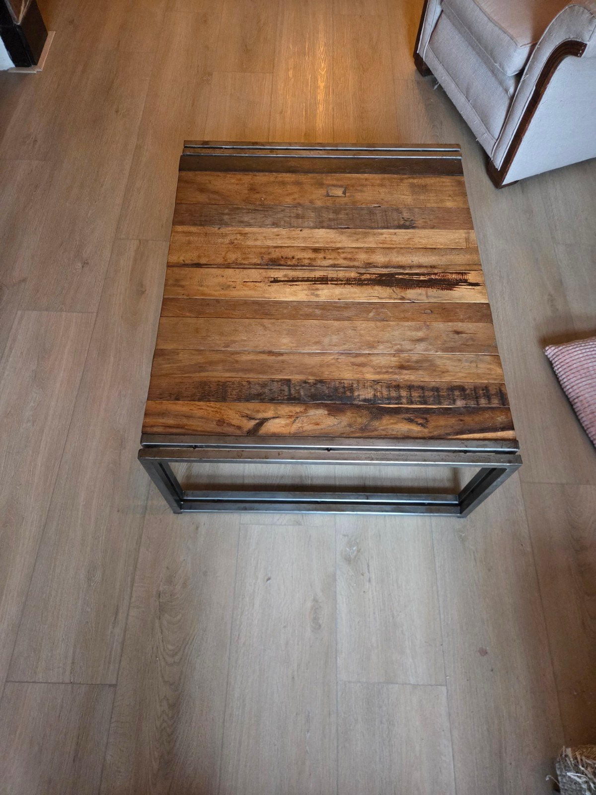 Robuuste salontafel van hout en metaal, Gebruikt, 50 tot 100 cm, Industrieel, robuust, Vierkant