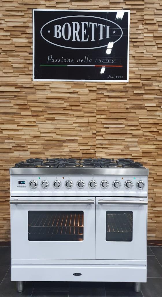 🔥Luxe Boretti Fornuis 90cm hoogglans wit rvs 2 ovens 6 pits, Witgoed en Apparatuur, Fornuizen, Zo goed als nieuw, Vrijstaand