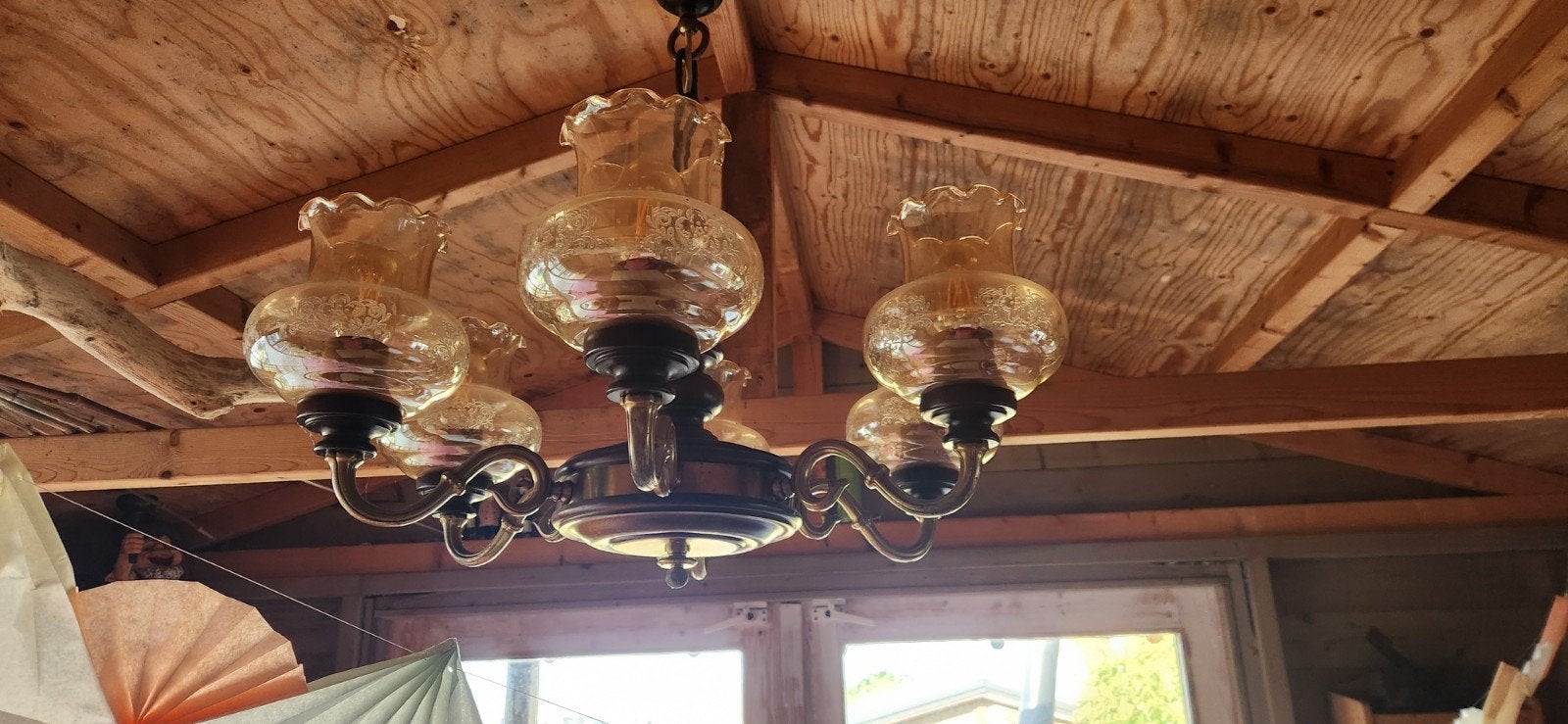 Mooie hanglamp met glazen kapjes, Ophalen, Gebruikt, Glas, Klassiek