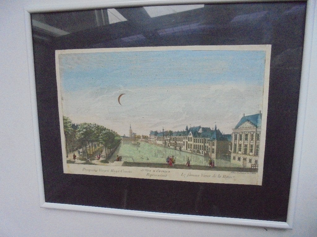 1770 OPTIC originele kopergravure s’-Gravenhage Hofvijver, Antiek en Kunst, Ophalen