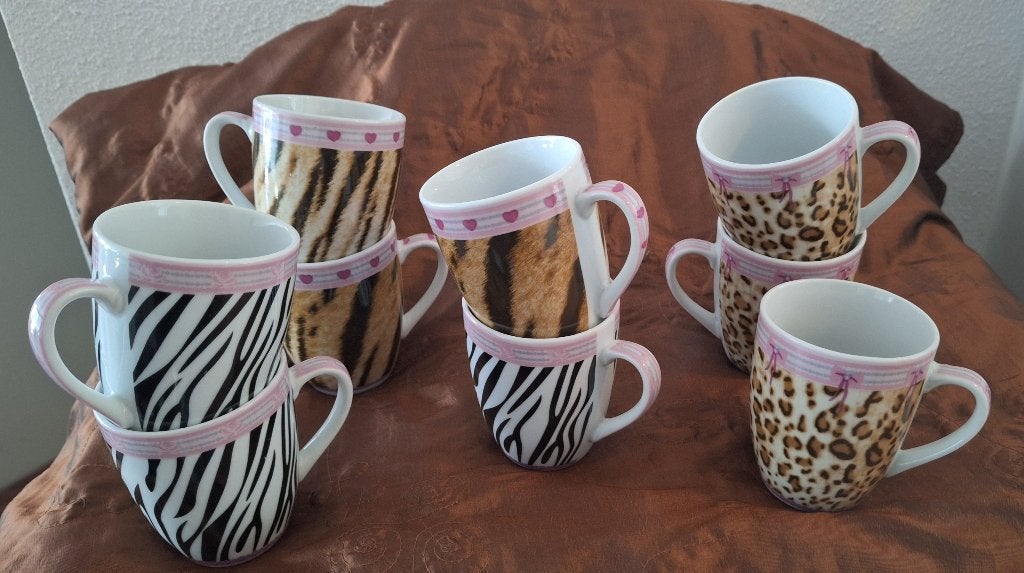 Set van 9 mokken met dierenprint (tijger, zebra, luipaard), Ophalen, Gebruikt, Keramiek, Mok