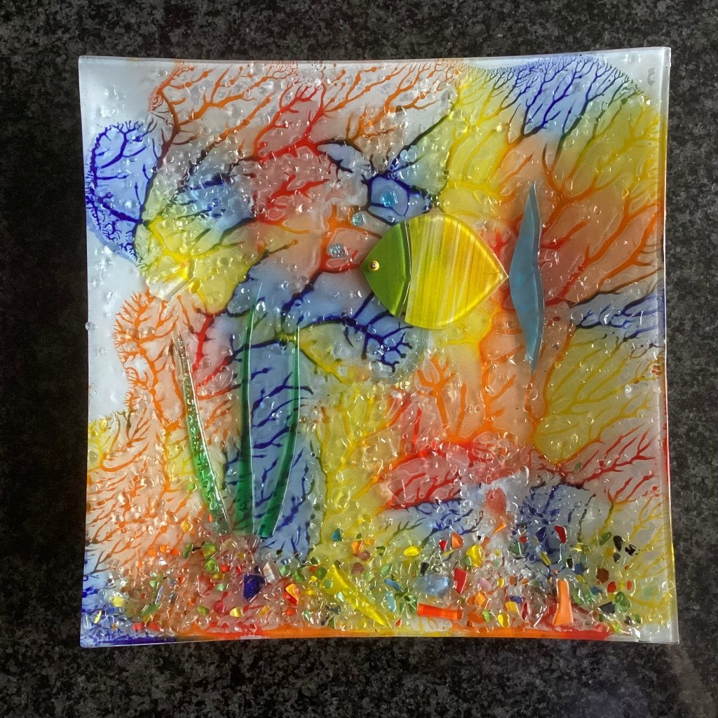 Glaskunst, glasfusie, sierbord, vis, onderwater, handgemaakt, Ophalen, Bord, Meerkleurig, Glas
