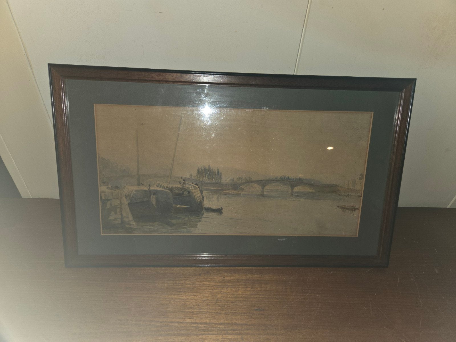 Antieke aquarel  Rivierlandschap met brug en boten, Antiek en Kunst, Ophalen of Verzenden