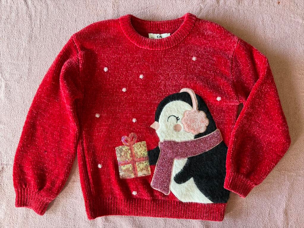 Leuke trui meisje rood pinguin 134, Ophalen of Verzenden, Zo goed als nieuw, Meisje, Trui of Vest