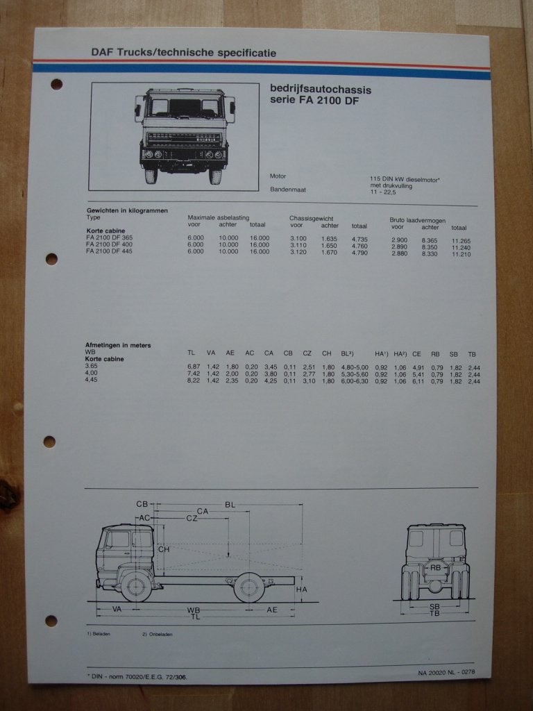 DAF FA 2100 DF Technische Specificatie folder 1978 – 4x2, Ophalen of Verzenden, Zo goed als nieuw, Overige merken, DAF