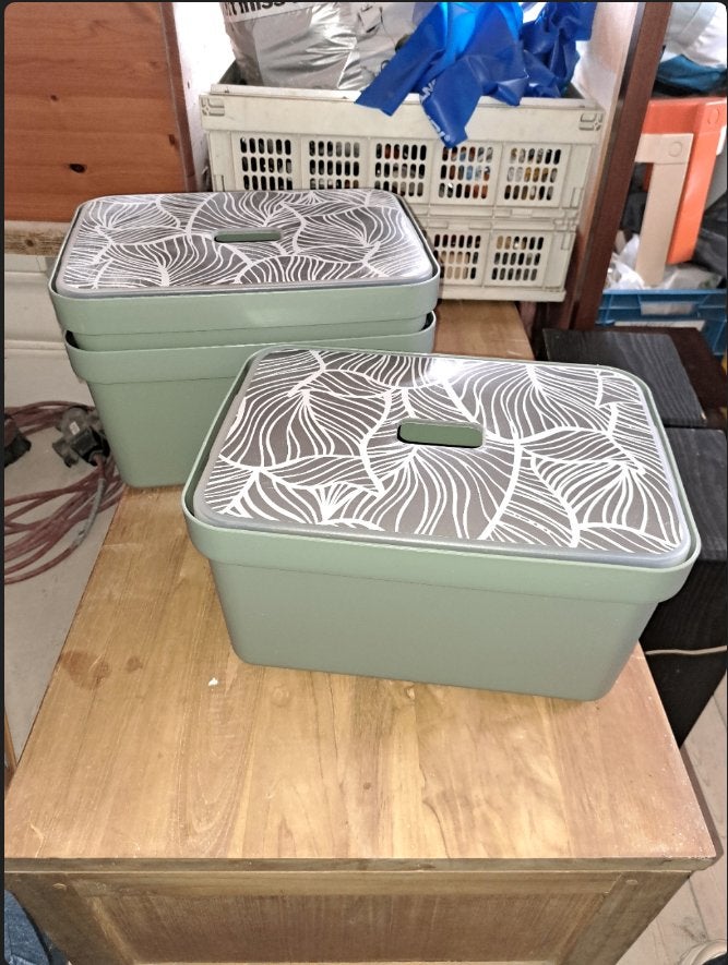3 Opbergbakken met 2 Deksels – Groen/Grijs, Ophalen, Gebruikt, Minder dan 50 cm, Minder dan 50 cm