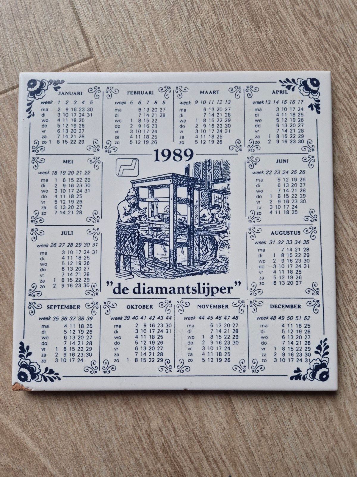 Vintage Delfts Blauw Kalendertegel 1989 - Diamantslijper, Ophalen of Verzenden