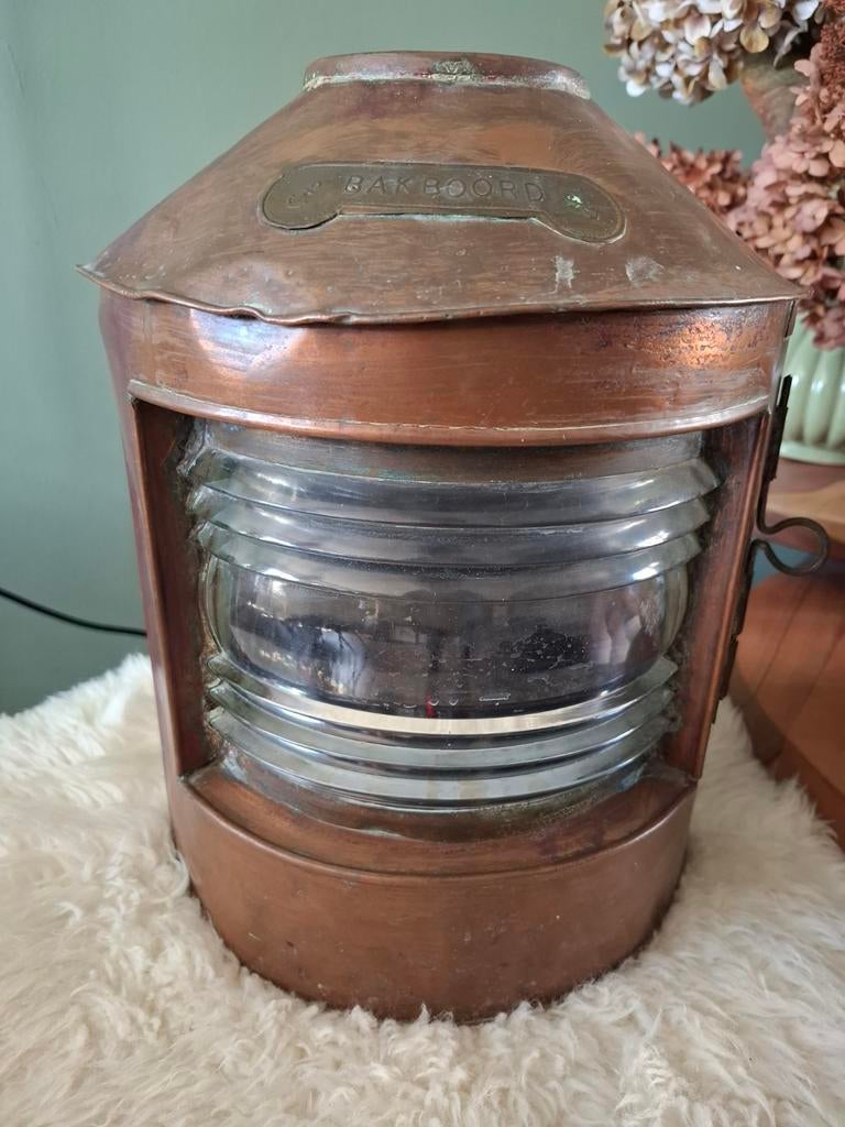 Antieke koperen scheepslamp bakboord met rood licht, Antiek en Kunst, Ophalen of Verzenden