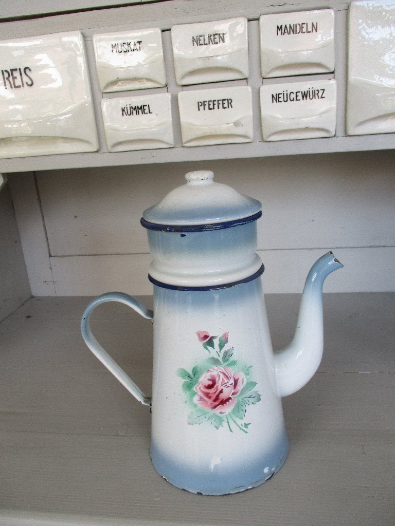 emaille brocante vintage koffiepot met filter en bloemen, Ophalen of Verzenden