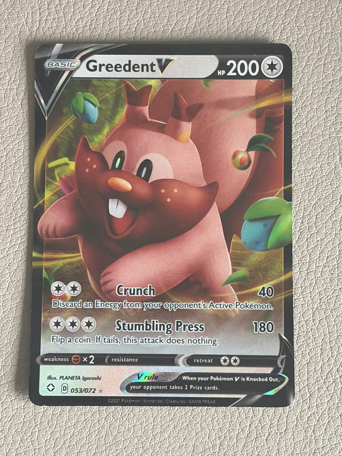 Greedent V 053/072 Shining Fates Pokémon Kaart, Ophalen of Verzenden, Zo goed als nieuw, Losse kaart