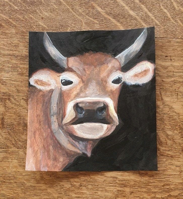 Originele acrylverf schildering van een koe op dik papier, Ophalen of Verzenden