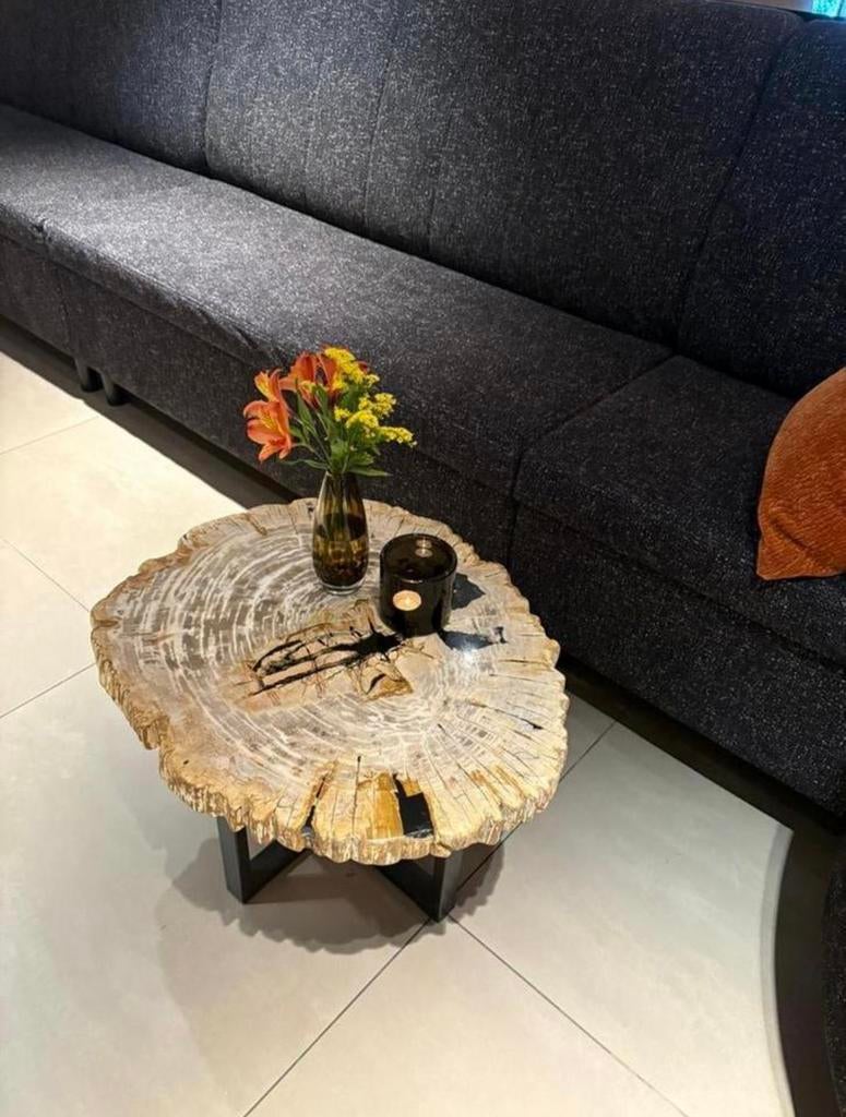 Versteend houten salontafels bijzettafels €249,- !, Huis en Inrichting, Ophalen, 50 tot 100 cm, Rond, Zo goed als nieuw