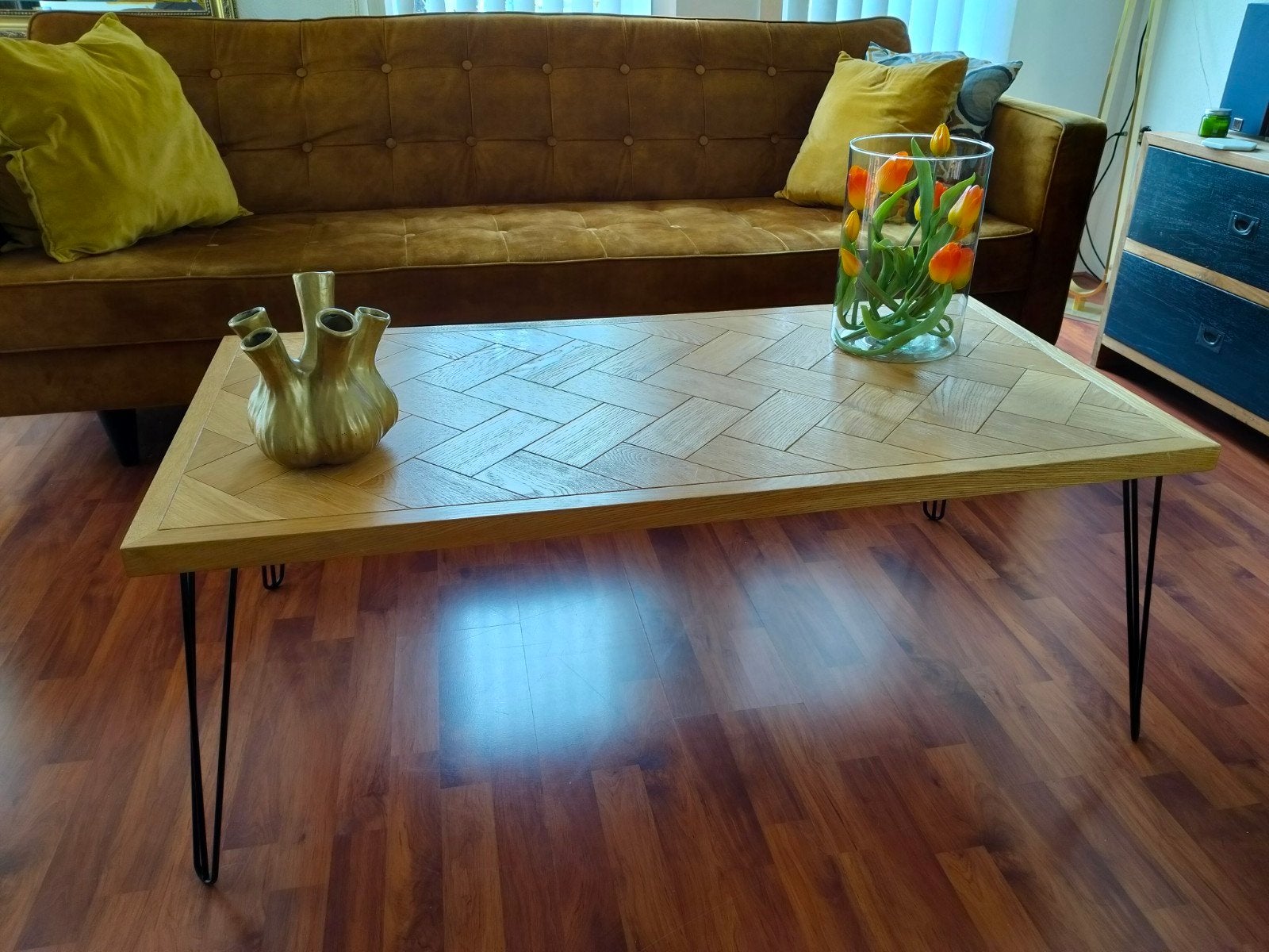 Salontafel industrieel visgraat, Huis en Inrichting, Tafels | Salontafels, 50 – 75, Gebruikt, 100 tot 150 cm, 50 tot 100 cm