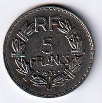 5  francs  1933   Frankrijk. km. 888, Ophalen of Verzenden, Frankrijk, Losse munt