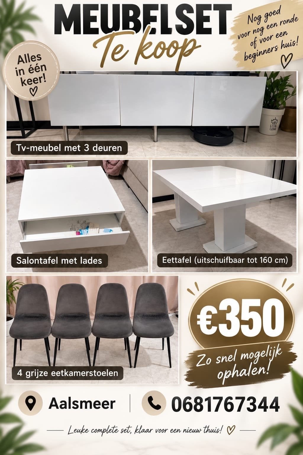 Complete Meubelset: TV-meubel, Salontafel, Eettafel + Stoele, Huis en Inrichting, Ophalen