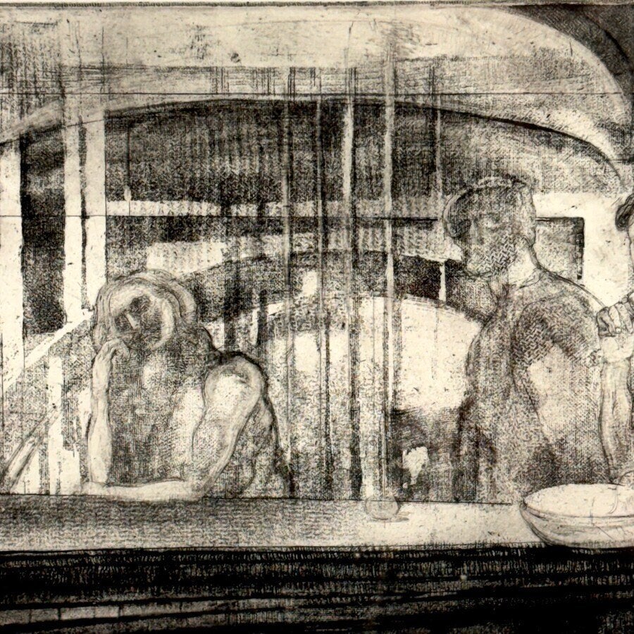 Baukje de Loos (1980) 'Bar V', Ophalen of Verzenden, Dagelijks leven, Ets, Ingelijst