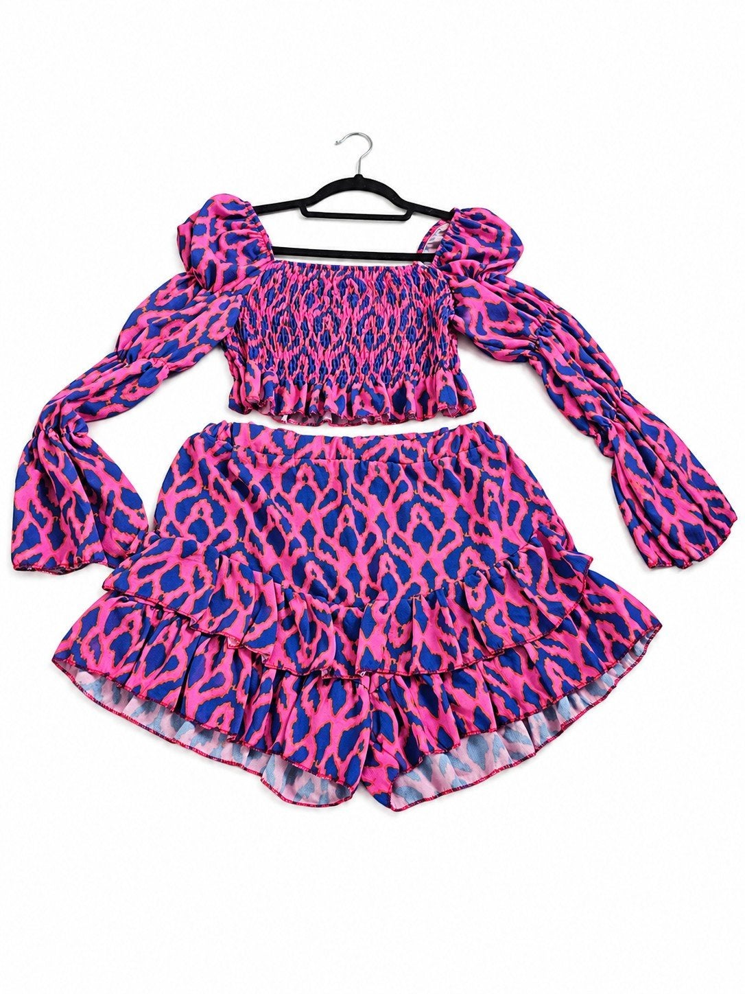 Roze en blauwe leopard print crop top en rok set, Maat 38/40 (M), Nieuw, Ophalen of Verzenden, Onbekend