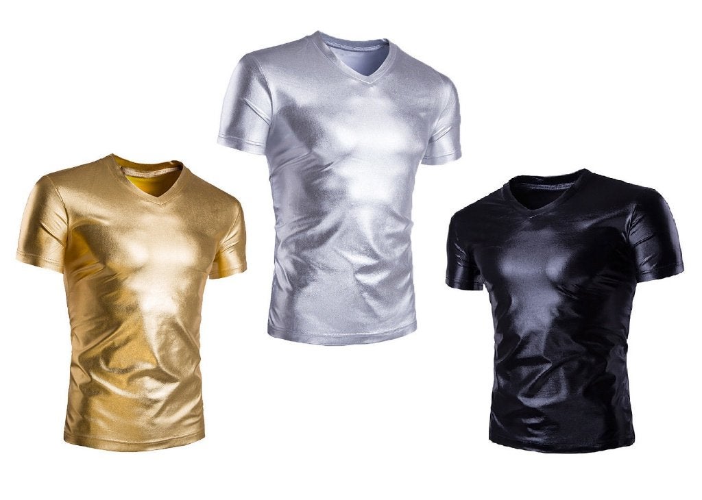 Heren gouden zilveren zwart wetlook t-shirt shirt lak leren, Verzenden, Nieuw, Overige maten, Kleding