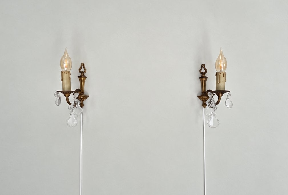 Set van klassieke vintage wandlamp met kristallen hangers, Ophalen, E14 (klein), Zo goed als nieuw, Wandlamp