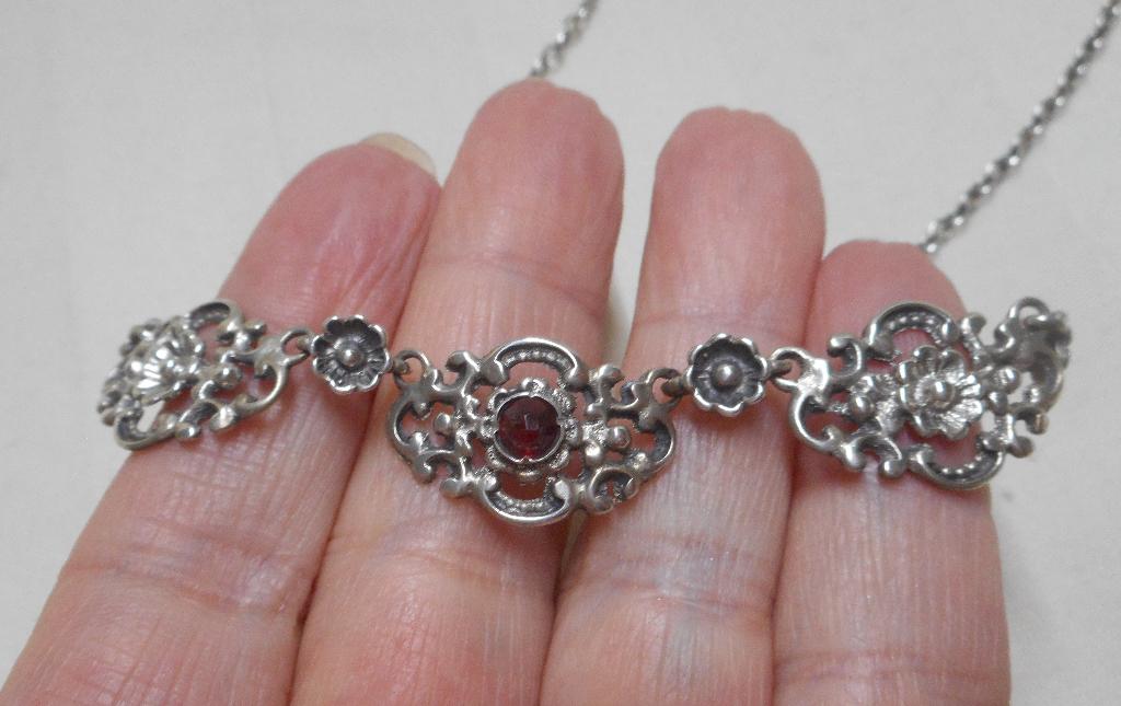 Zilveren Art Nouveau collier met granaat nr.1273, Sieraden, Tassen en Uiterlijk, Antieke sieraden, Verzenden, Zilver, Ketting