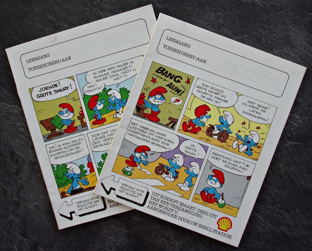 2x Shell Strip Schriften - De Smurfen - Peyo - 1976, Verzamelen, Verzenden, Smurfen, Zo goed als nieuw, Overige typen