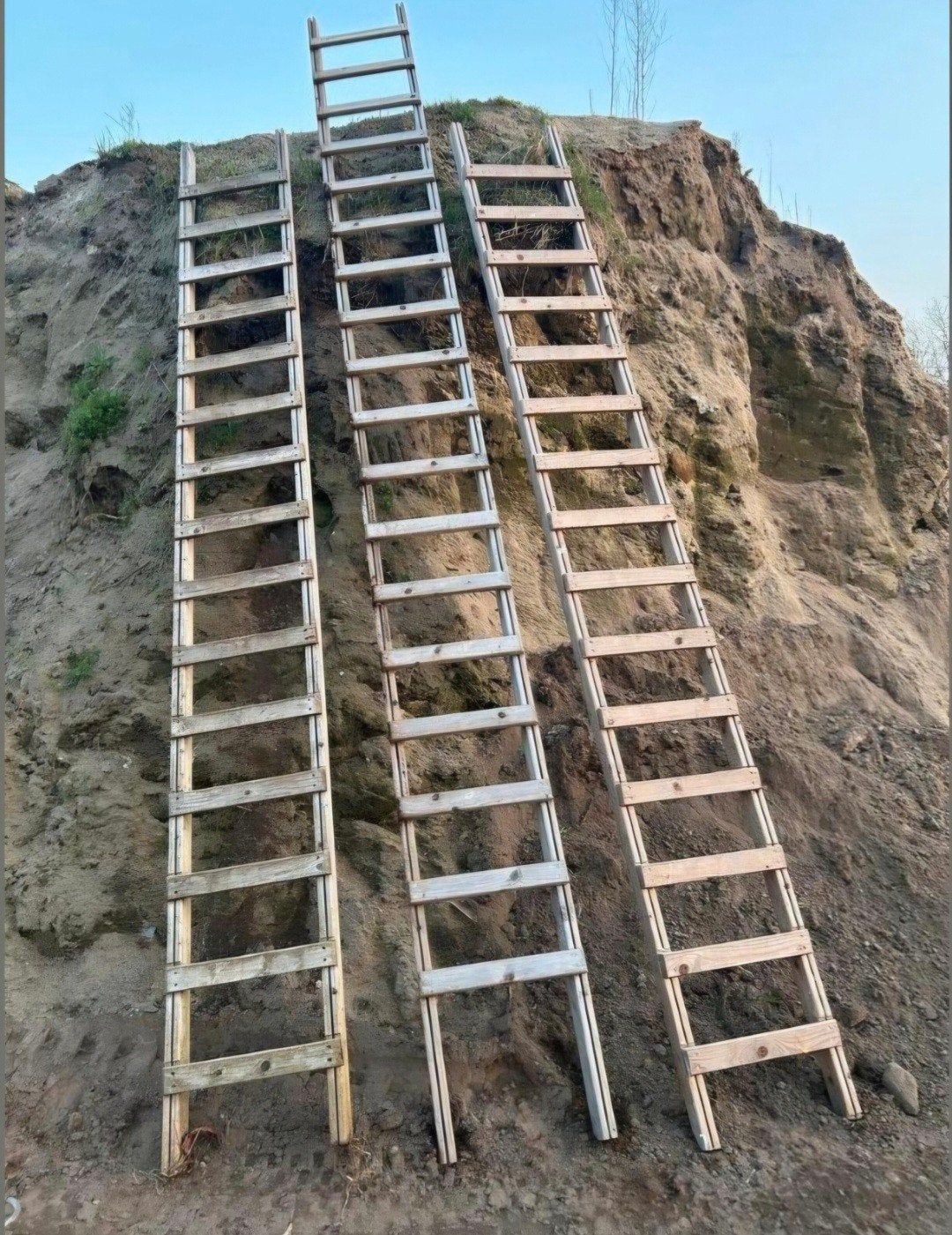 Houten bouwladder, steigerladder, werkladder 2x 4,2m 1x 5,2m, Ophalen, Gebruikt, Ladder, 4 meter of meer