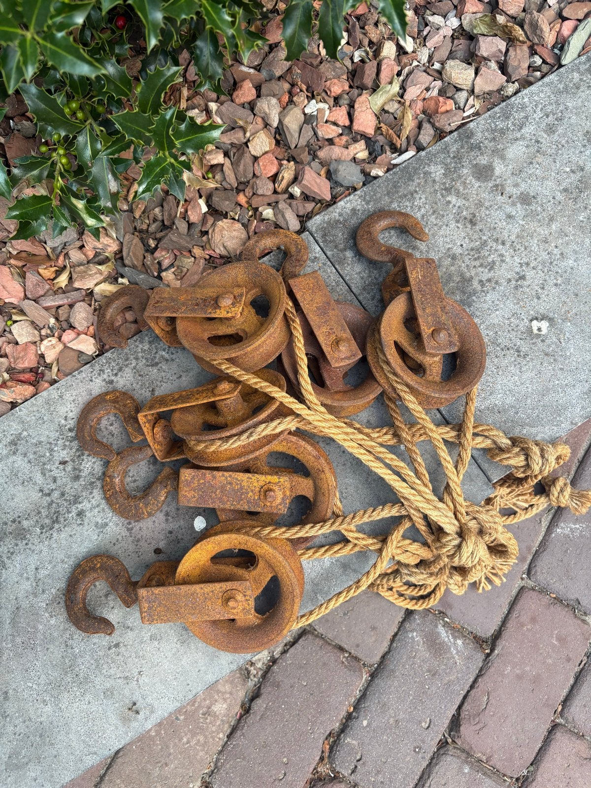 6 Oude Katrollen met Touw - Decoratief en Rustiek, Ophalen of Verzenden