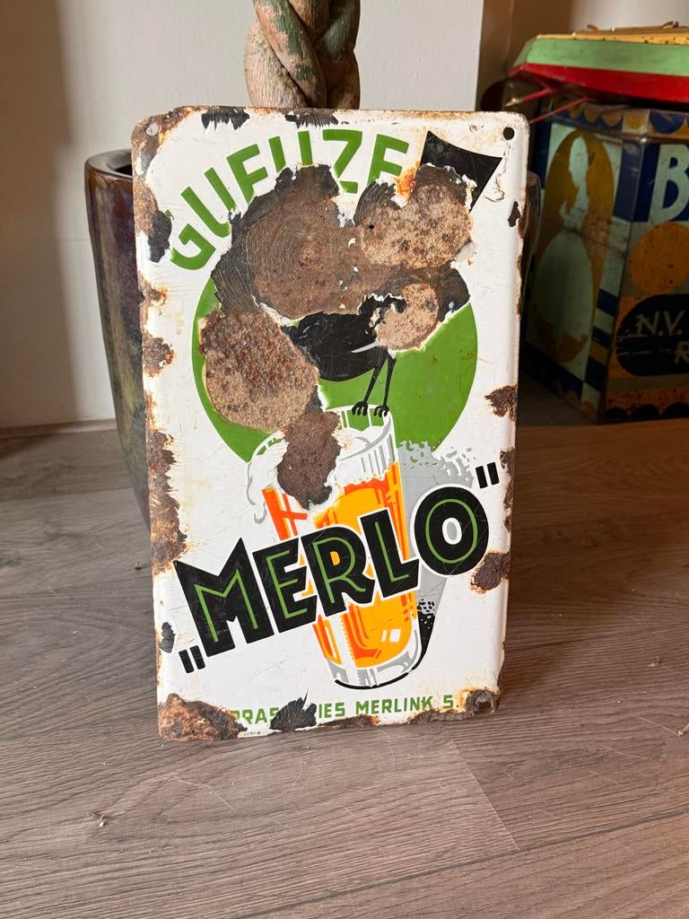 Vintage Emaille Bord Merlo Bier - Jaren '40 Reclame, Antiek en Kunst, Ophalen of Verzenden