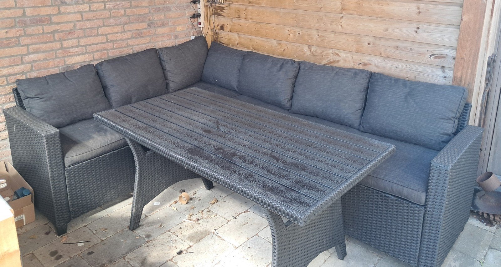Wicker loungeset met tafel en kussens, Ophalen, 5 zitplaatsen, Gebruikt, Loungeset