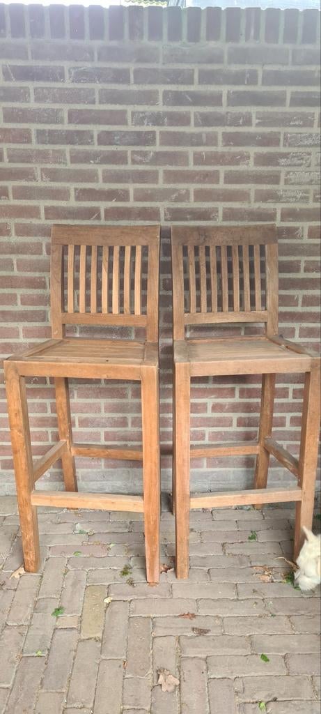 2 Teakhouten barkrukken - Gebruikt, Huis en Inrichting, Barkrukken, Gebruikt, Ophalen of Verzenden, 90 cm of meer, Hout