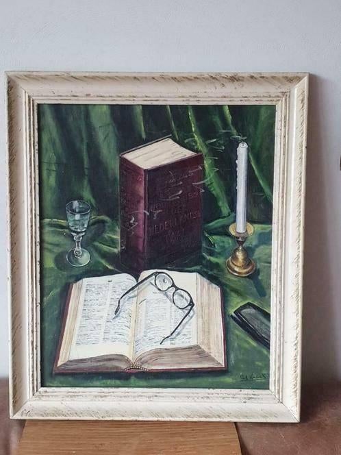 Schilderij Piet Verdonk woordenboek van Dale bril glas kaars, Antiek en Kunst, Ophalen