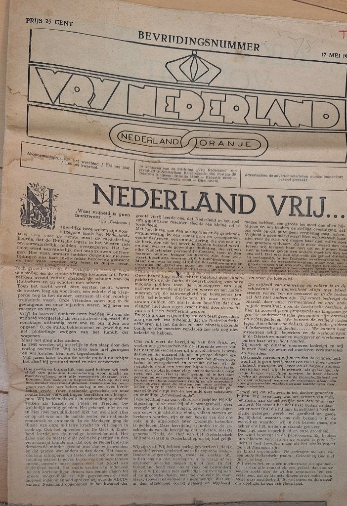 Vrij Nederland - Bevrijdingsnummer - 17 mei 1945, Boeken, Verzenden, Diverse auteurs, Algemeen, Tweede Wereldoorlog