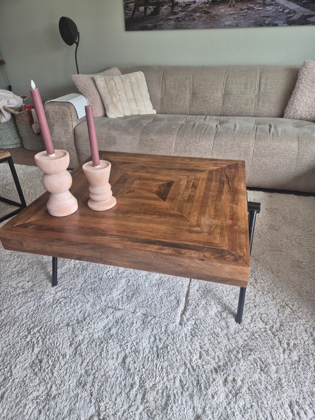 Houten mango salon tafel 80x80 met zwarte poot, Ophalen, 50 tot 100 cm, Vierkant, 50 tot 100 cm