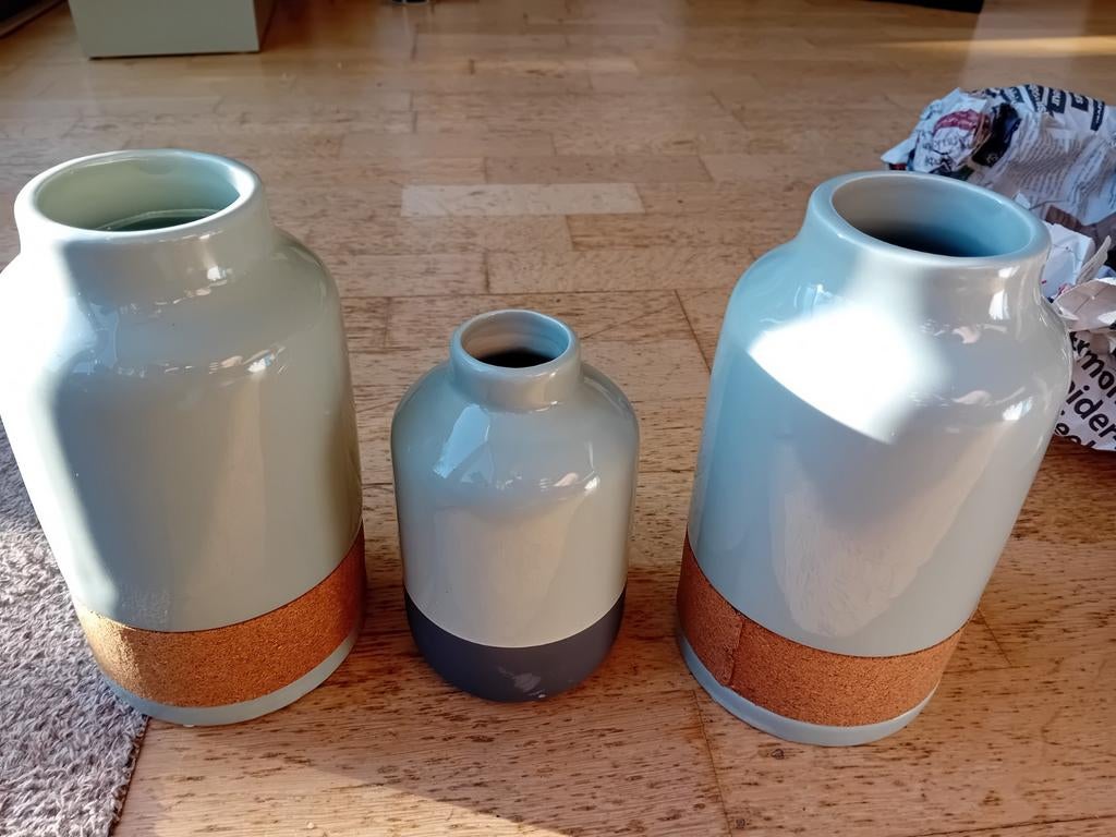 Set van 3 vazen - Mintgroen met kurk detail, Ophalen of Verzenden, Gebruikt, Groen
