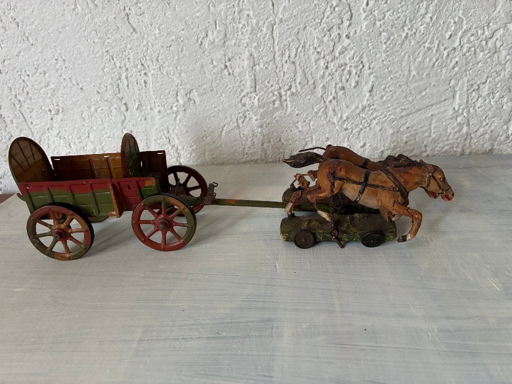 Vintage antiek Hausser wagen met Elastolin paarden, Verzenden
