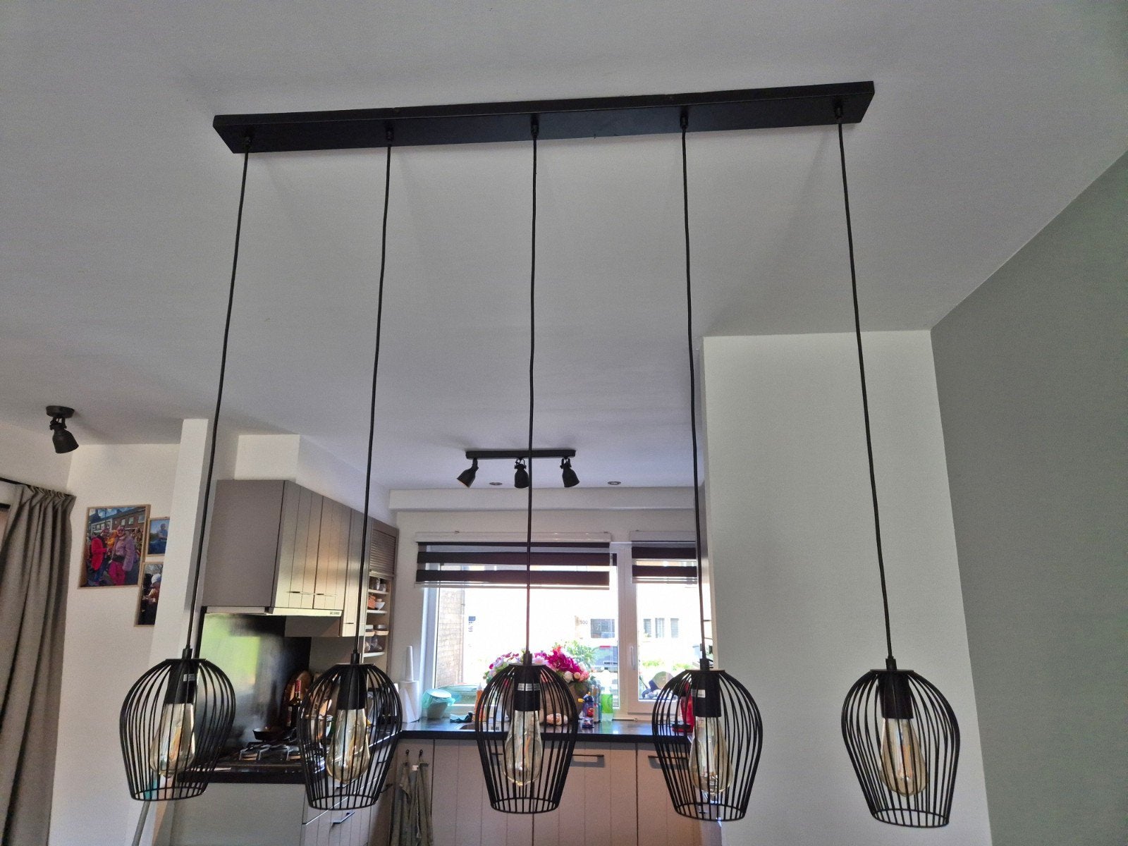 Zwarte hanglamp met 5 kooilampen, E27 fitting, Ophalen, Industrieel, Modern, E27 (groot), Zo goed als nieuw