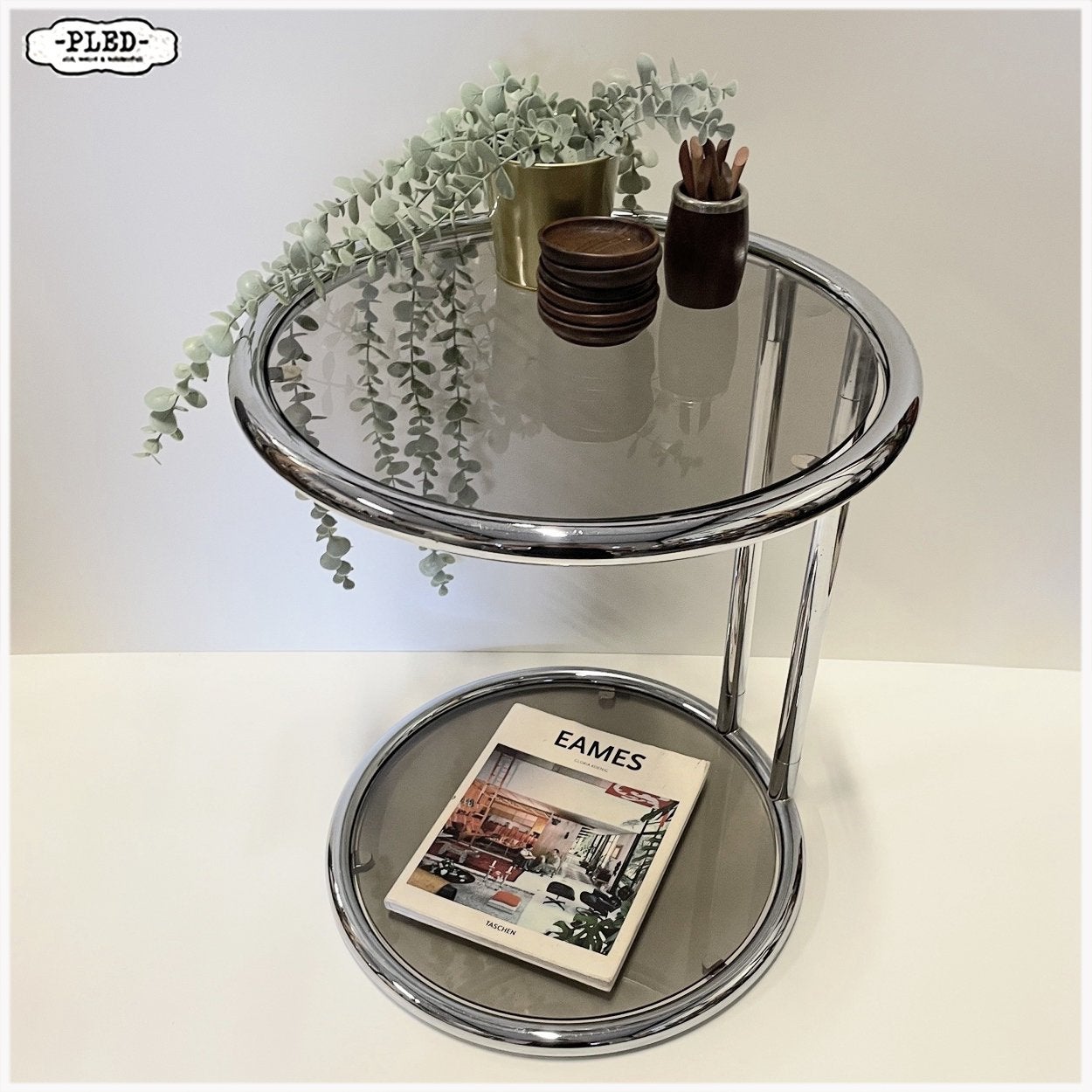 Vintage bijzettafel, Bauhaus, stijl Eileen Gray Tafeltje, Minder dan 55 cm, Gebruikt, Rond, Glas