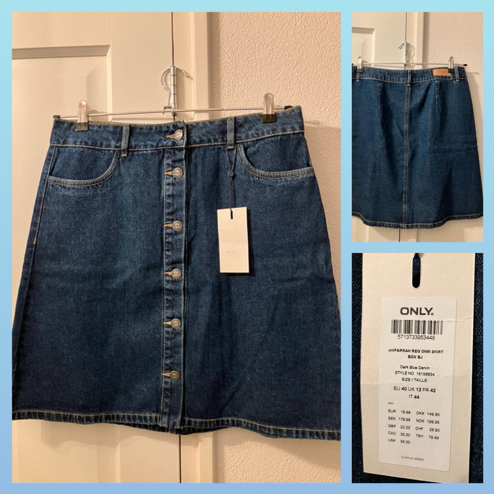 Nieuw=blauwe korte wijde spijkerrok=Only/40, Maat 38/40 (M), Blauw, Nieuw, Ophalen of Verzenden