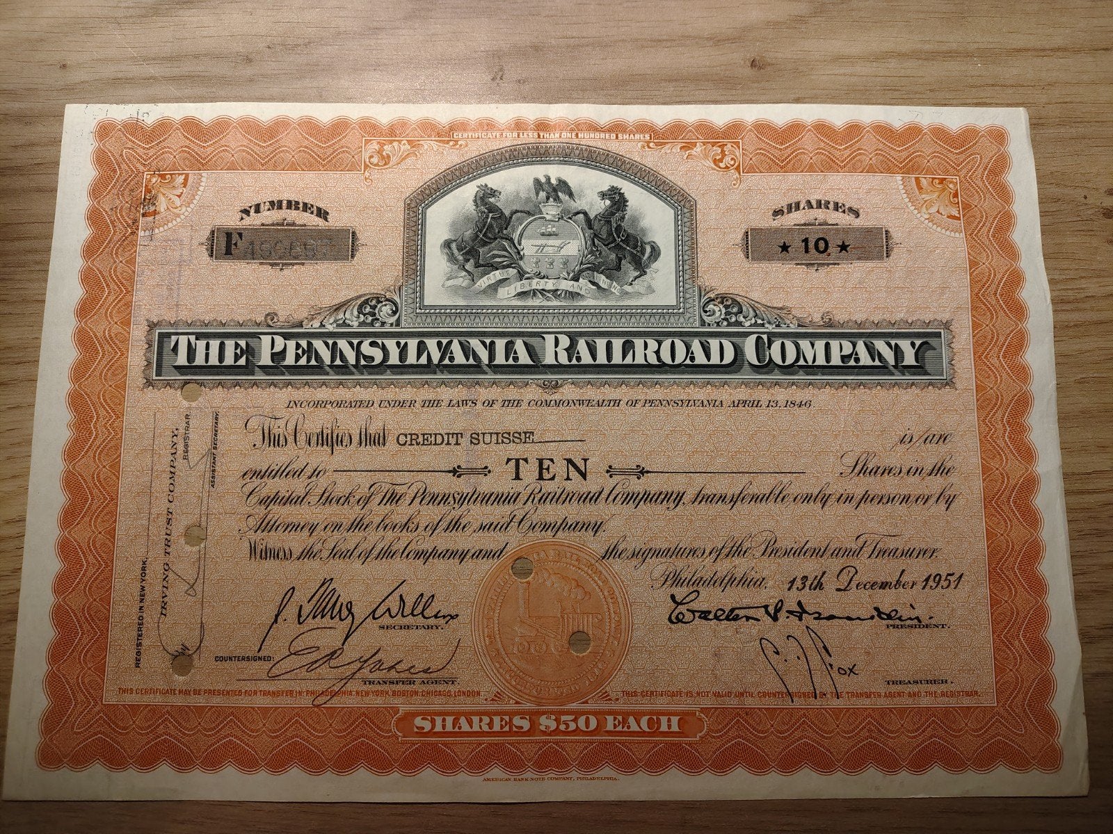 The Pennsylvania Railroad Company 10 Shares aandeel 1951, Ophalen of Verzenden, Aandeel