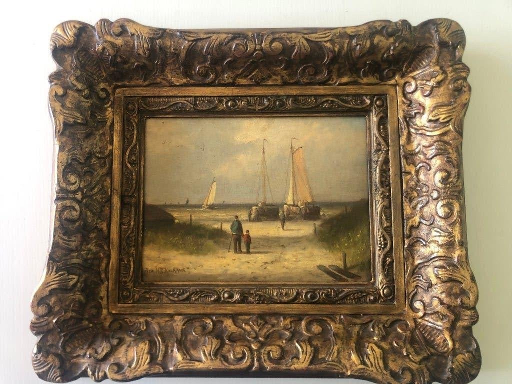 Bomschuiten op strand Scheveningenof katwijk. J.H.B Koekkoek, Maritiem / water, Gesigneerd, Olieverf, Klassiek
