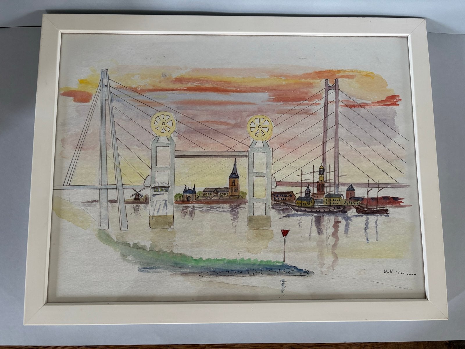 Kamper bruggen, torens, kerk en molen - gesigneerd WvH, Antiek en Kunst, Ophalen of Verzenden, Tekening, Gemengde techniek, Gesigneerd