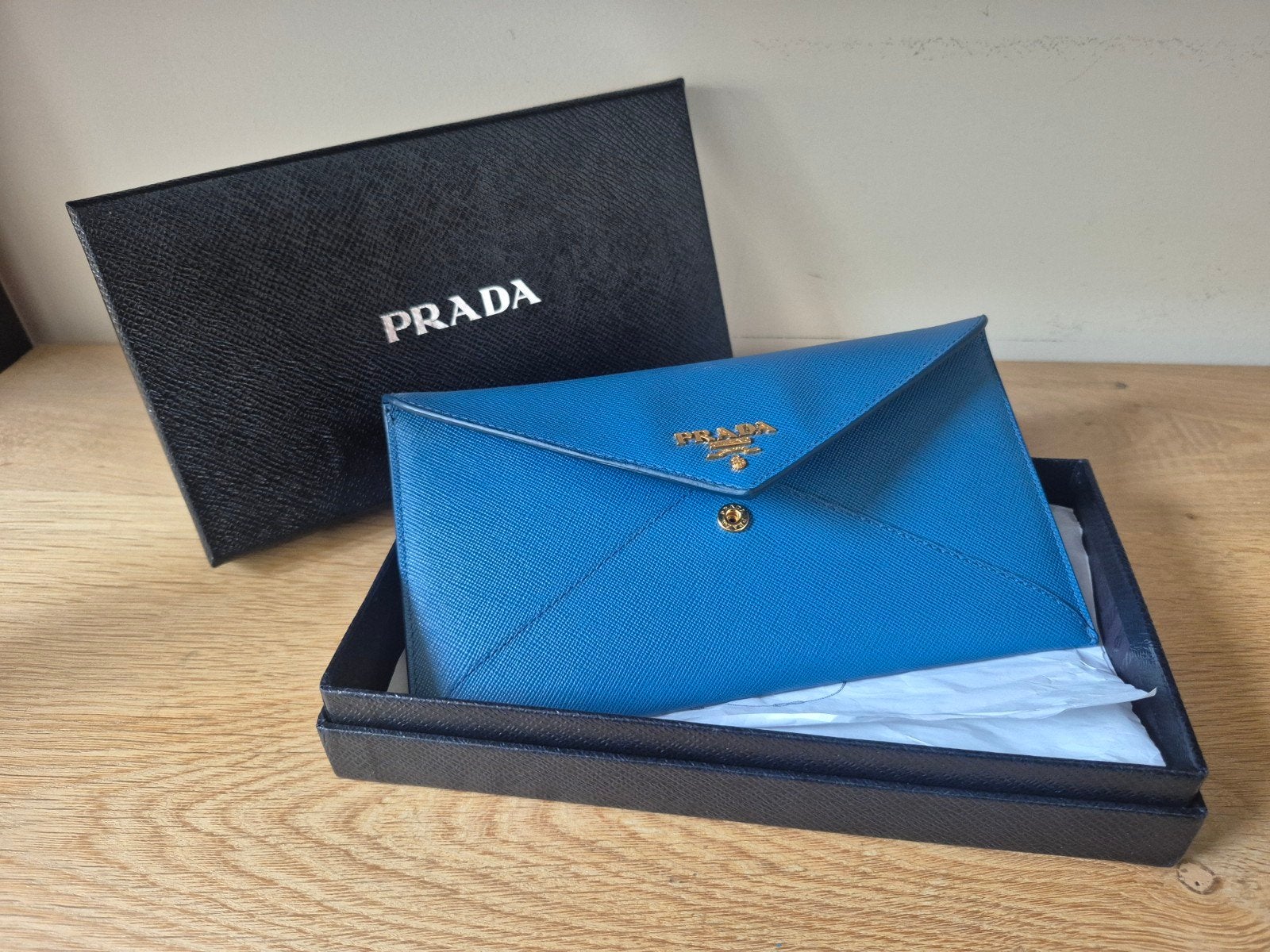 Prada Busta Con Pattina Saffiano Leer Kobaltblauw Full Set, Ophalen of Verzenden, Nieuw, Blauw, Handtas