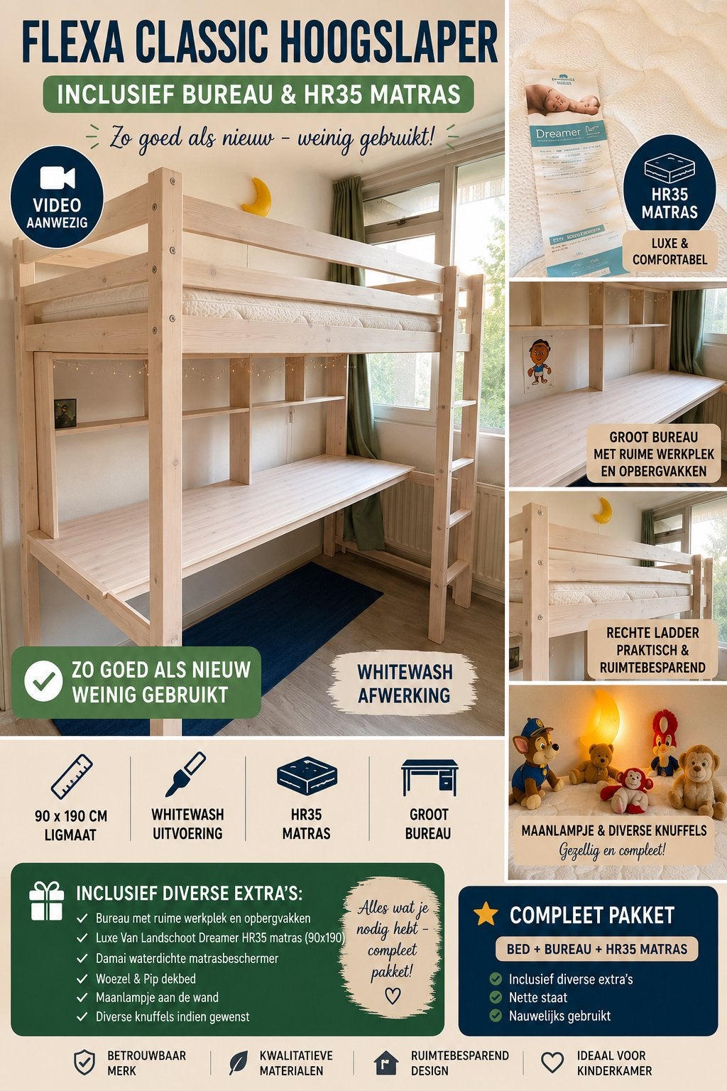 Flexa hoogslaper HIT + bureau + zgan HR35-matras + extra’s, Ophalen, Eenpersoons, Zo goed als nieuw, 90 cm