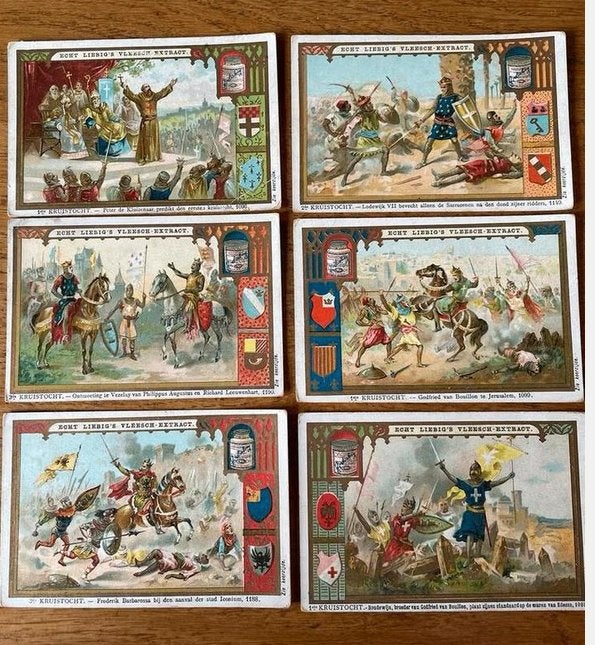 Set van 6 Liebig Vleesch-Extract Kruistocht Kaarten, Ophalen of Verzenden, Voor 1940, Zo goed als nieuw