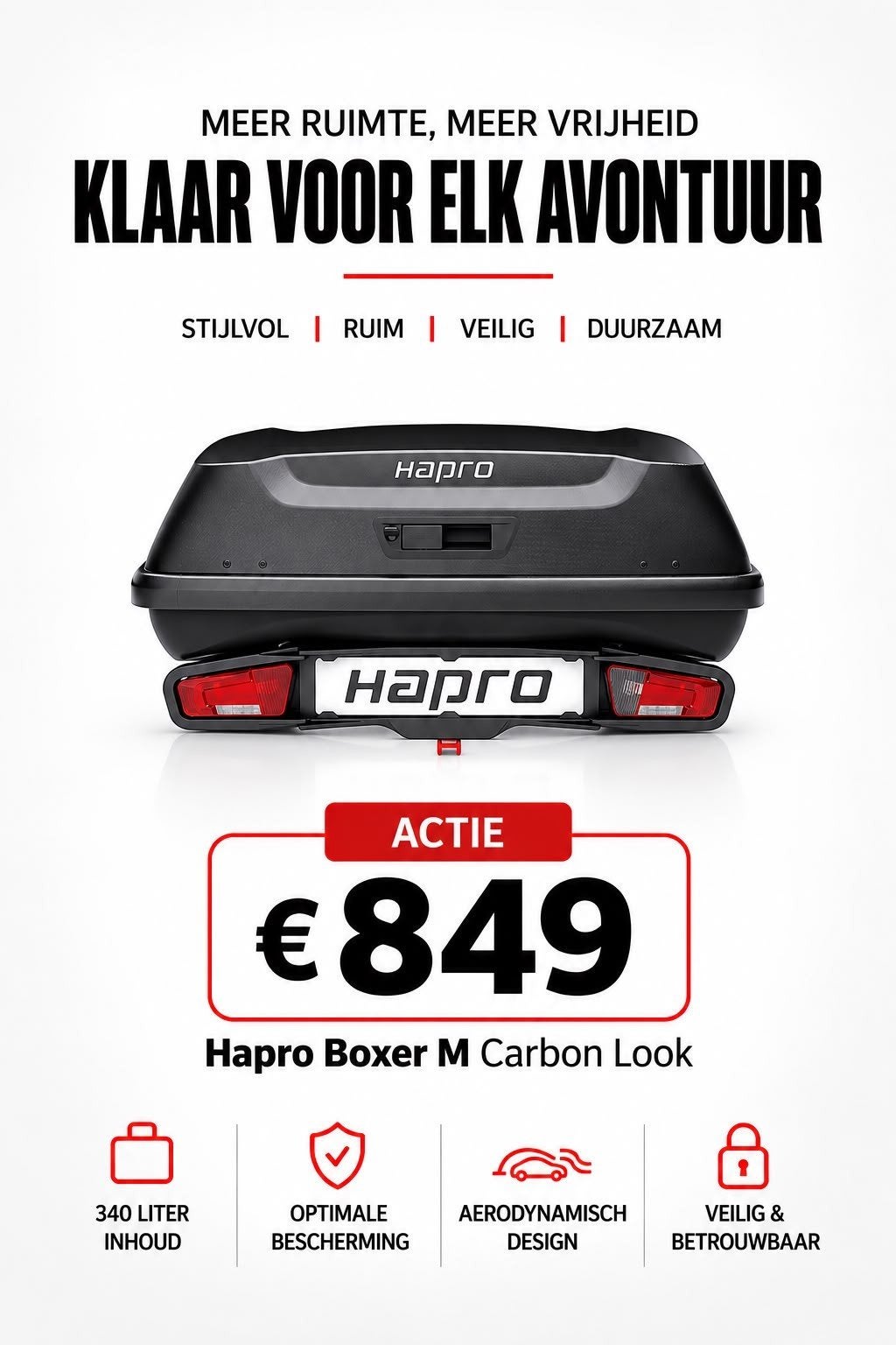 NIEUWE ACTIE PRIJZEN Hapro Boxer CARBON trekhaakbox+platform, Nieuw, Ophalen of Verzenden, Brede banden, 2 fietsen