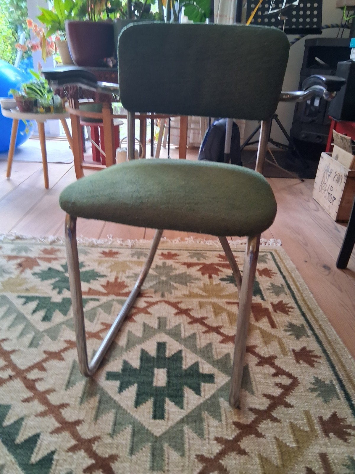 1235 gispen Vintage Buisframe Stoel met Groene Stoffen Bekle, Huis en Inrichting, Gebruikt, Overige kleuren, Ophalen of Verzenden