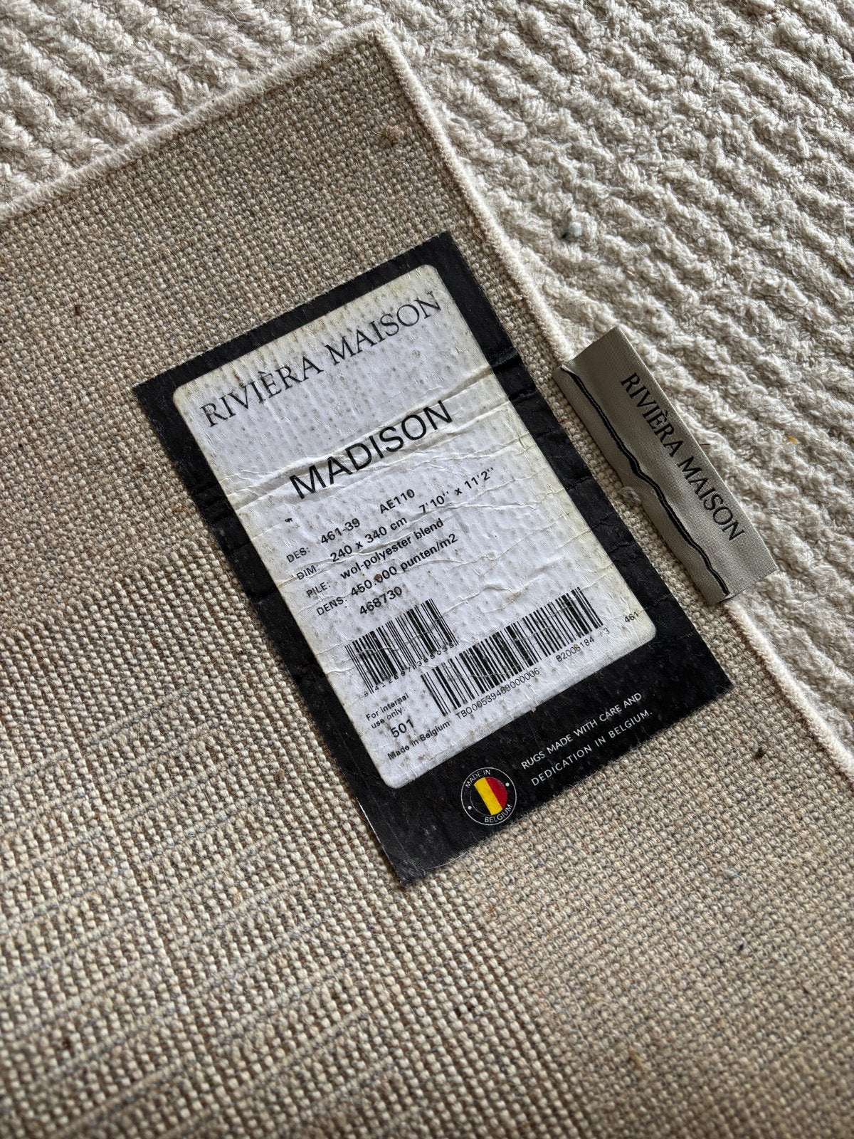 Riviera Maison Madison Vloerkleed - Wol/Polyester Blend, Ophalen, Gebruikt, 200 cm of meer, Crème