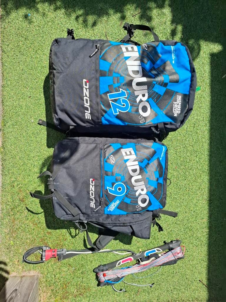 Ozone Enduro V1 Kites (9m & 12m) met Racebar (2017), Watersport en Boten, Kitesurfen, Gebruikt, Kitesurf-set, 9 m², Geen board